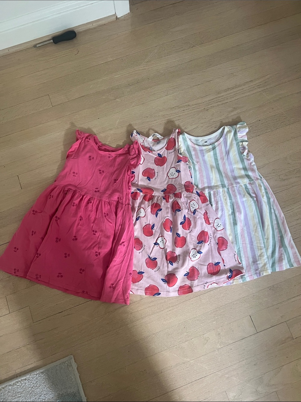 H&M Girls' Pink Cherry Print & Pastel Stripe Cotton Dress Set